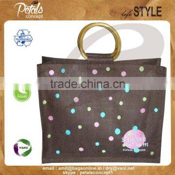 Jute promotional printed bag with wooden apple shape cane handle