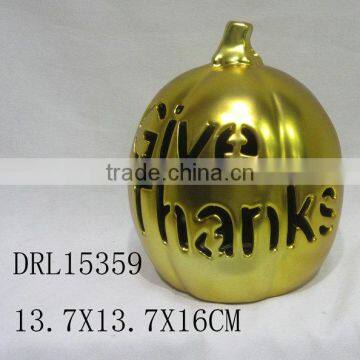 Golden Pumpkin Ceramic Lantern Hollow Letters Festival Holloween Decorations photo-4