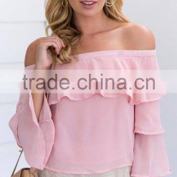 Guangzhou OEM wome clothes bell sleeve off shoulder new design ruffle raglan shirt