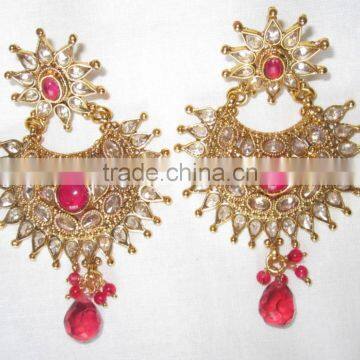 Pink polki gold tone dangler EARRING pair