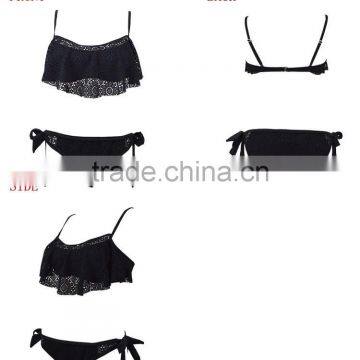 Black Bikini Set With Flouncy Ruffle and Floral Cutouts at Top and Scrunch Bottom photo-6