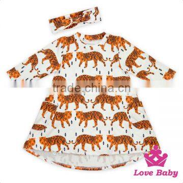 Best Selling Boutique Long Sleeve Printed Tiger Girl Dress Hign-Low With Bow Headband Simple Frock Design