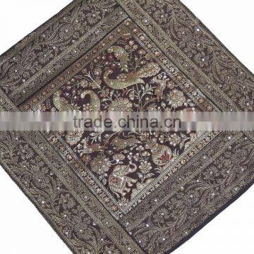 Zari Cushion Cover - Brown Peacock Elephant Sari Decorative Sequin Pillow 16" photo-2