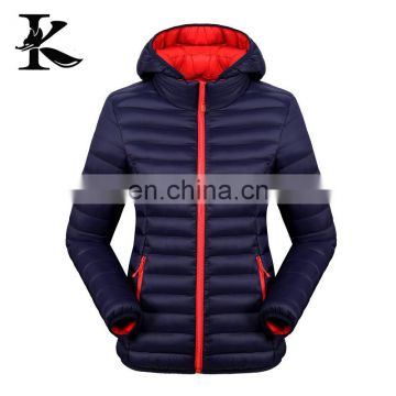 Fashion women dark blue lightweight down jacket with hood