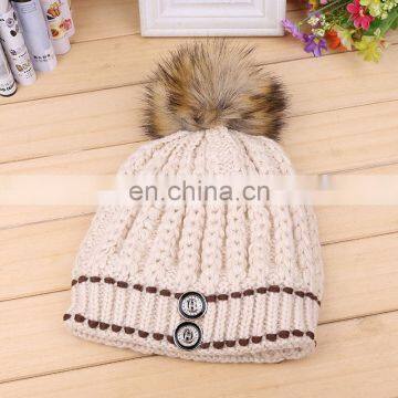 Ladies solid color knitting beanies with buttons real raccoon fur pom