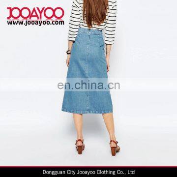 Wash Blue Patch Pockets Concealed Fly Front Split Denim Midi Skirt