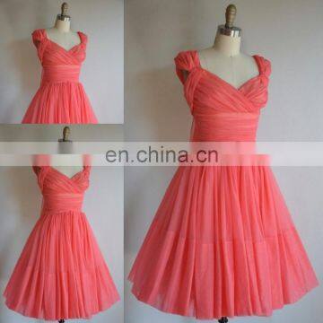 Real photo!Cute a line v neck cap sleeve pleats chiffon coral bridesmaid dress brides maid dress JBD035