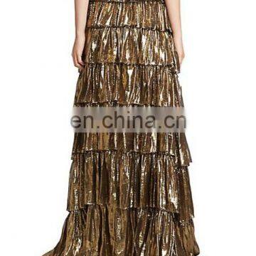 Hot Selling Lame Voile Tiered Silk-blend Lady Skirt, Wholesale Fashion Subtly Flared Shape Maxi Skirt Long Design photo-2