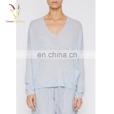 Ladies Deep V Neck Light Blue Cashmere Pullover Sweater