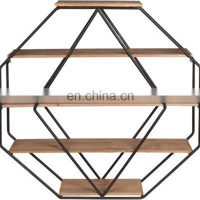 Large Octagon Shaped Floating Wood Book Shelves for Decorative Wall Display Black Metal Frame with  Brown hexagon wall shelf