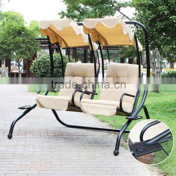 Double Swing Chairs With Frame / Canopy / Cupholder, Tan photo-3