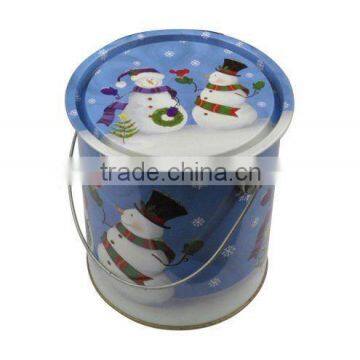 Christmas gift metal bucket with handle and lid Printed with snowman