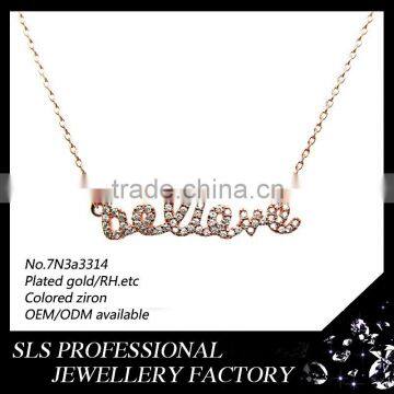 AAA cz micro paved rose gold plated believe letter chain necklace for girls