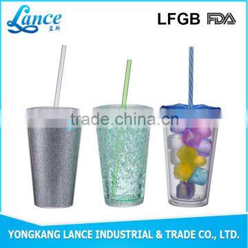 Hot Sale! 16 oz double wall plastic drinking mug with straw