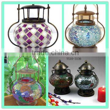 Hanging Mosaic Glass Tealight Lantern Metal Candle Holder Parts photo-3
