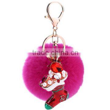 Christmas stocking pendant keychain with white Rabbit Fur ball