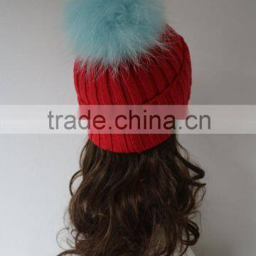 High Quality Baby Blue Raccoon Fur Pom Pom Knitted Women Winter Hat