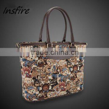 Wholesale bear canvas printed tote bag handbags with leather strap