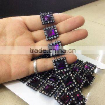 sew-on purple square glass with clear diamond on black base setting rhinestone applique trimming for garment supplies