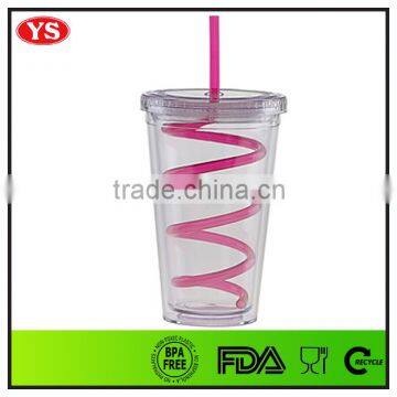 16oz bpa free double wall plastic cup with spiral straw