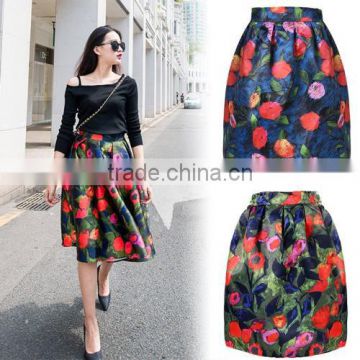 New Fashion Women A-Line Vintage Style Skirt High Waist Floral Skirt