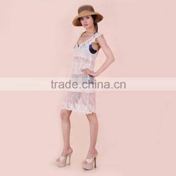 OEM fashion round neck style long sexy white lace knee length dress