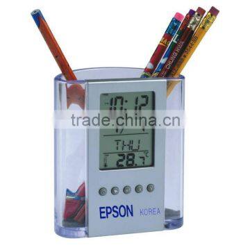 Plastic Transparent Multifunctional Pen holder Calendar Timer Thermometer Clock