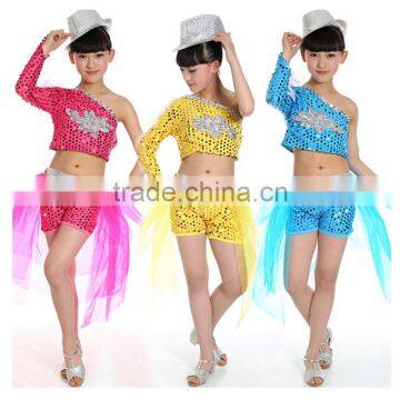 Girls Sequined Modern Hip Hop Dancewear Blue Kids Jazz Dance Costume Top Short