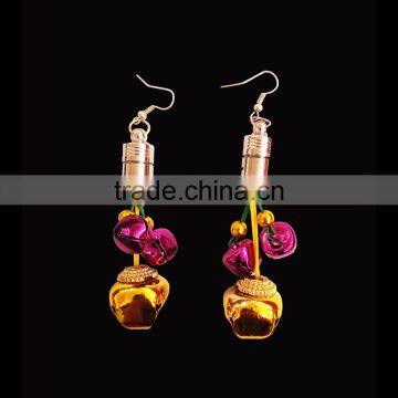 OEM Battery operated iron purple and gold color bell pedant Madri gras holiday jewelry flashing light up earrings