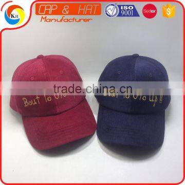 100% Corduroy Fabric Dad Cap Gold Metal Thread Embroidery Baseball Hat