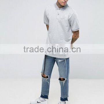 Custom Short Sleeve Button Placket Grey Stripe Pattern Design Men's 100% Cotton Breathable Pique 200g Casual Regular Polo Shirt photo-4