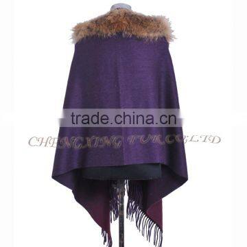 CX-B-P-43G 2016 New Product Noble Shawl Hand Made Wholesale Cashmere Capes And Raccoon Fur Trim Cape photo-6