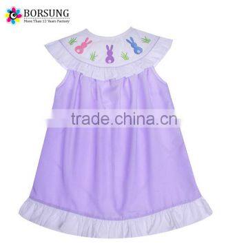 Purple Easter Embroidery Dress Cute Bishop Sleeve Dress Cotton Children Girl Dress