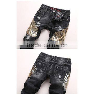 New Stytlish Men Sequin Gold Wings Slim Straight Trousers Ripped Frayed Jeans photo-3