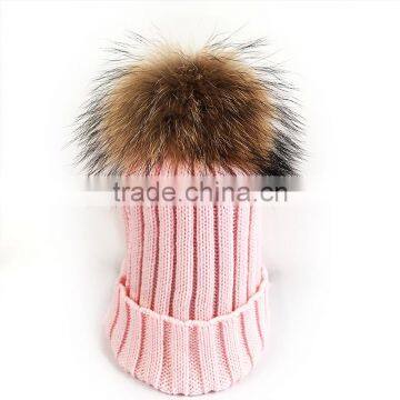 Myfur Wholesale Baby Pink Top Quality Raccoon Fur Pompoms Hat And Cap