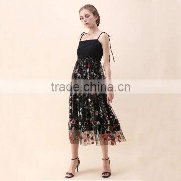 NEWEST WOMEN Self-tie Strap and Floral Embroidery Black Mesh Dress photo-3