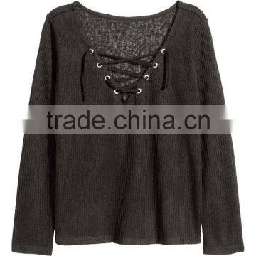 Ladies Wearing Hand Knitted Wool Sweaters With Lacing V-Neck Design photo-5