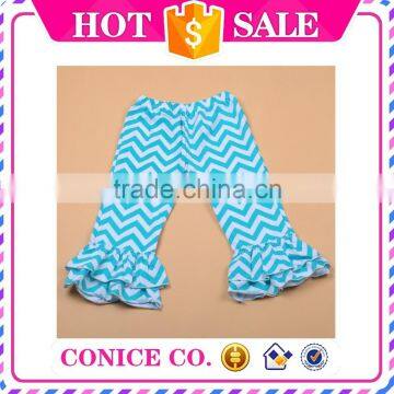 cheap wholesale sky blue baby girls knit chevron double ruffle kids pants