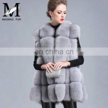 2015 New Style Whole Leather Real Fox Fur Hood Long Style Vest Girl Gilet Beautiful Women Vest