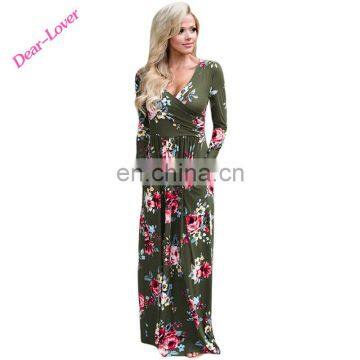 Olive Ladies Floral Print Surplice V-Neck Long Sleeve Maxi Boho Dress