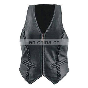 HMB-3241A LEATHER VEST BIKER STYLE BRAIDS COAT BLACK