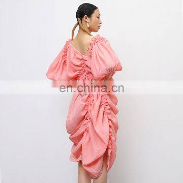 Elegant Irregular Asymmetrical Collar Lantern Sleeve High Waist Drawstring Dress Women photo-6