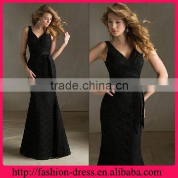 Elegant V-line Neckline Lace with Satin Sash Floor Length Elegant Lace Evening Dresses Long