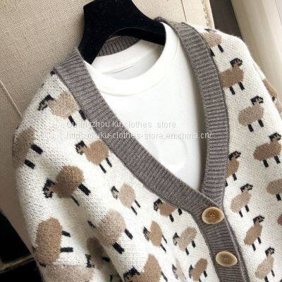 Early autumn new cartoon V-Neck Sweater Cardigan women's loose thick wool knitted coat
