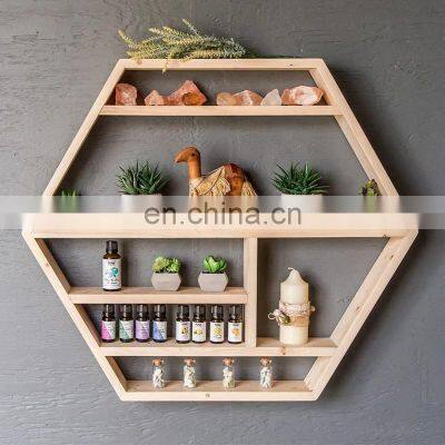 Custom Multilayer Hexagon Shelf Handmade Wooden Wall Mounted Floating Collection Shelves