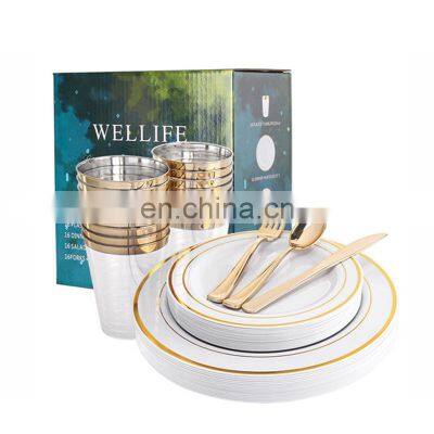Disposable Rose Gold Dinnerware Set, Gold Rim Plastic Plates for Wedding Party, Wedding Party Plates photo-5