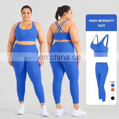 Plus Size High Quality 2 Pieces Ribbed Yoga Gym Fitness Set Butt Lift Leggings Sport Suit