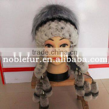 best selling real rabbit with silver fox fur earflaps hat with long tail ball