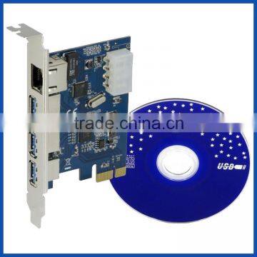 PCIE USB 3.0 3 Port Adapter Card with 10/100/1000 Mbps RJ45 Gigabit Ethernet lan Port