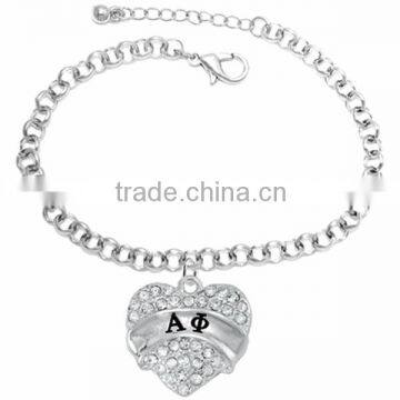 Genuine Austrian Clear Crystal "Alpha Phi" Greek Sorority Heart Charm Chain Link Bracelet